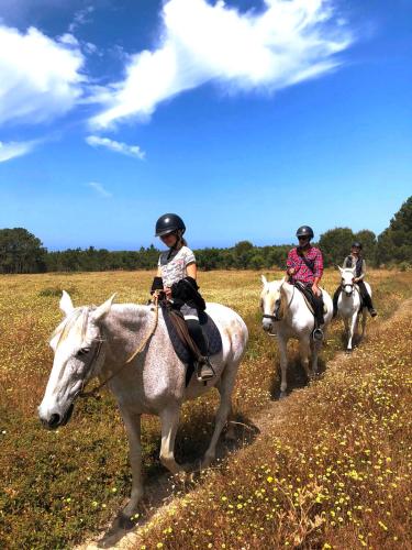 a group of people riding horses in a field at Monte Paxôra in Rogil