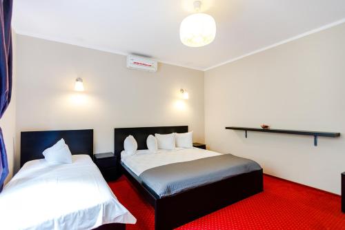 a hotel room with two beds and a red carpet at Pensiunea Decebal Resort - Cazanele Dunarii in Dubova