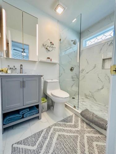 a bathroom with a toilet and a glass shower at Cozy Bedroom Suites in Beautiful Shared Home in Matthews