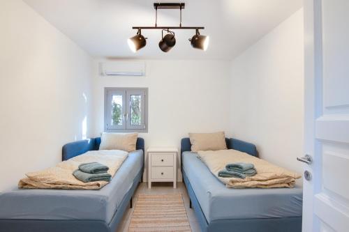 a room with two blue beds and a window at Villas Maher Two in Vasilítsion