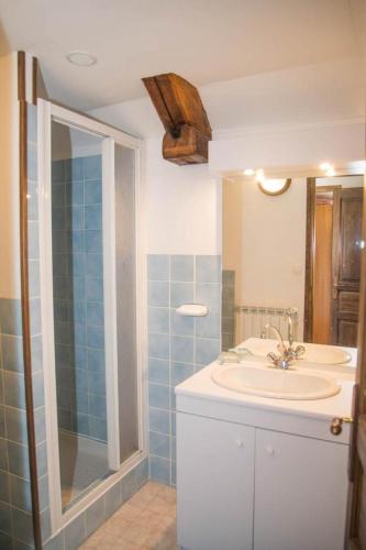 une salle de bain avec un lavabo et une douche dans l'établissement Gîte Gîtes de France 3/5 personnes à La Bessière, à Saint-Jean-Chazorne