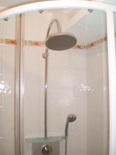 une douche avec pommeau de douche dans une salle de bain dans l'établissement Gîte Maison Cavalier 2/4 personnes à Gabriac, à Gabriac