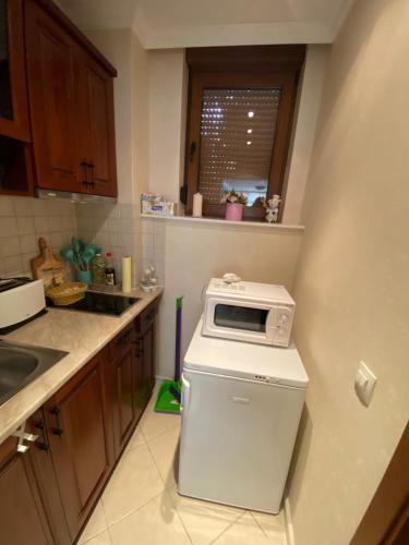 a kitchen with a microwave on top of a refrigerator at Sozopol Santa Marina Sea View Studio in Sozopol