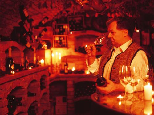 a man sitting at a bar drinking a glass of wine at Landgasthof Jagerwirt in Volders