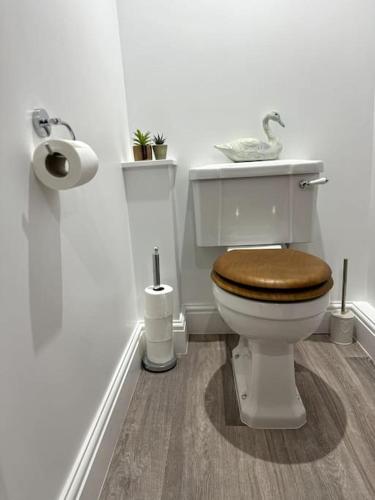 a bathroom with a toilet with a wooden toilet seat at Penny Black Apartment, Kington in Kington