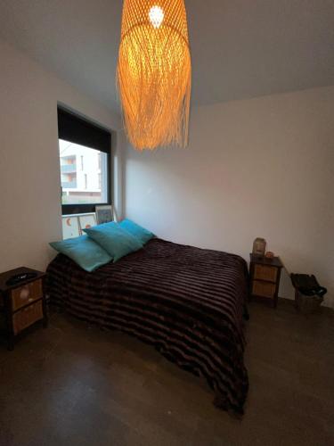 a bedroom with a bed and a chandelier at Appartement de DJ à Chanteloup-en-brie in Chanteloup-en-Brie