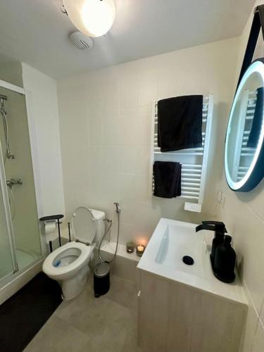 une salle de bain blanche avec des toilettes et un lavabo dans l'établissement Appartement neuf et rénové promenade des anglais, à Nice