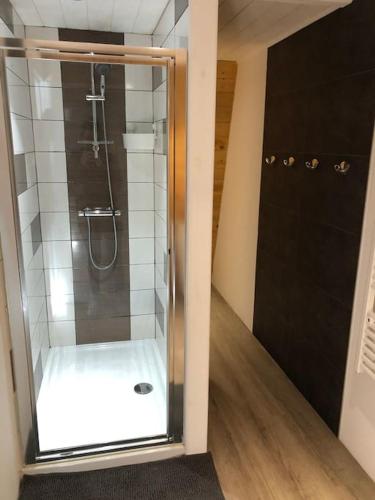 une douche avec une porte vitrée dans une salle de bain dans l'établissement Appartement Chalet, 8 personnes - L'Oustal, à Saint-Jacques-des-Blats