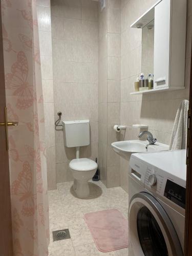 a bathroom with a toilet and a sink and a washing machine at Apartment Luka in Ljubuški
