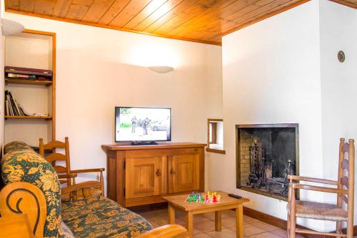 ein Wohnzimmer mit einem TV und einem Kamin in der Unterkunft Gîte Gîte Goulet 2/4 personnes in Chasseradès