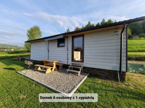a small house with a picnic table and a picnic table at Ambasadorówka in Solina