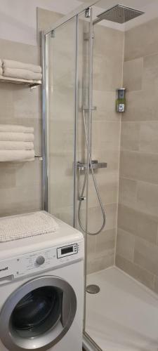 une machine à laver dans une salle de bain avec douche dans l'établissement T2 dans une jolie résidence arborée de FRÉJUS, à Fréjus