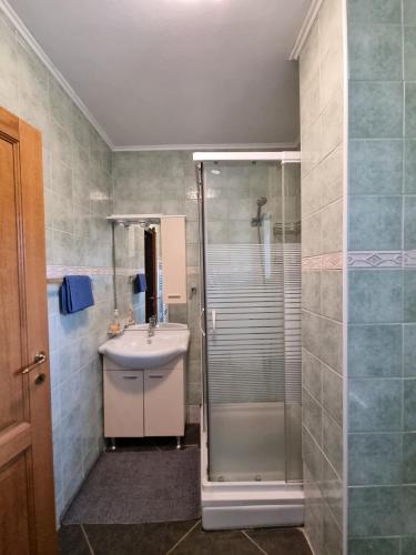 a bathroom with a shower and a sink at Stone House Iva in Kraljevica