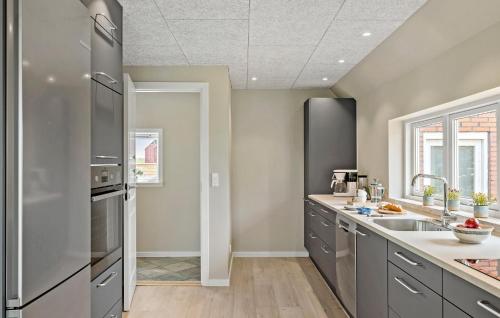 a kitchen with stainless steel appliances and gray cabinets at Nice Home In Thyholm With Wifi in Thyholm