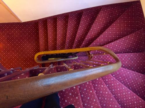 a metal object hanging from a purple wall with polka dots at Hotel Le Clos d'Alésia in Paris
