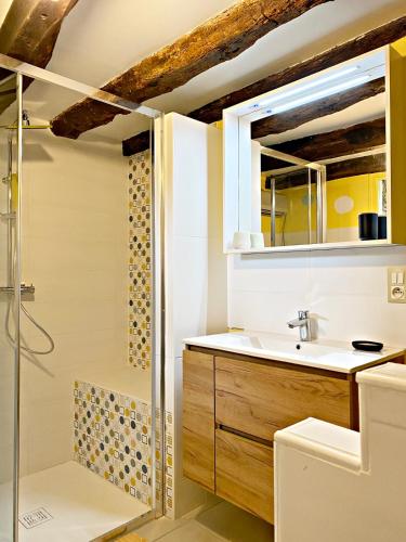 une salle de bain avec un lavabo et une douche dans l'établissement Chez Malou, à Pinsac