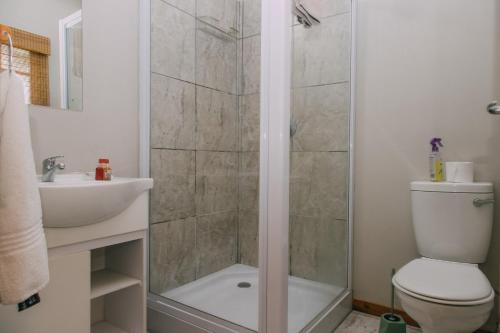 a bathroom with a shower and a toilet and a sink at Kruger View Chalets in Malelane