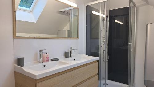 un baño con lavabo y ducha en gite TY GWENN, en Ploemeur