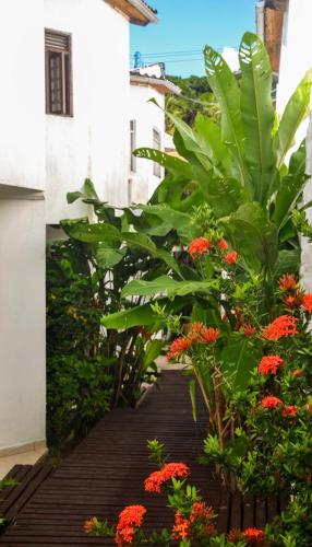 a wooden walkway with red flowers and plants at Pousada Prime Center in Pipa