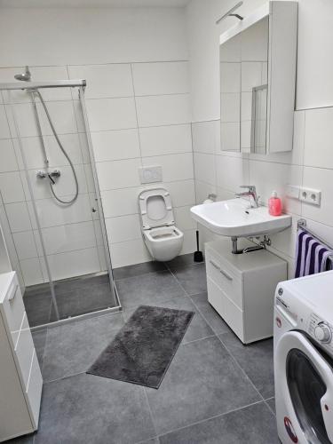 a bathroom with a shower and a toilet and a sink at Ferienwohnung 70qm Mörnsheim in Mörnsheim