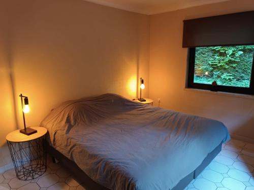 a bedroom with a bed and two lamps on tables at Boshuisje in Couvin