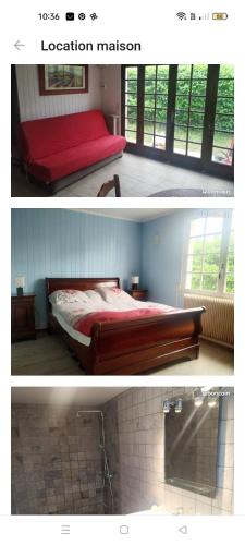 deux photos d'une chambre avec un lit et une salle de bain dans l'établissement Maison 40m 2, à Linxe