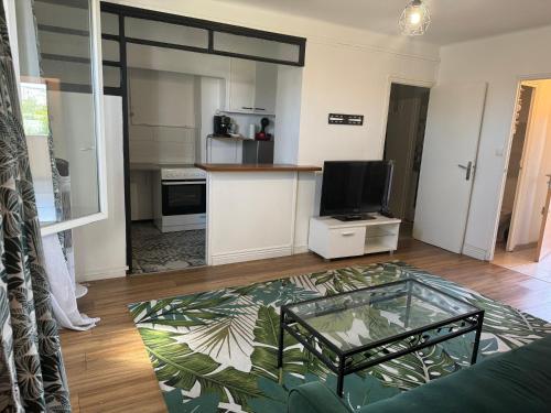 un salon avec un canapé et une télévision dans l'établissement T3 bien équipé, à Marseille