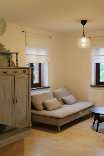 a couch sitting in a living room next to a window at Solaris-Winnica Hanna in Radomierzyce