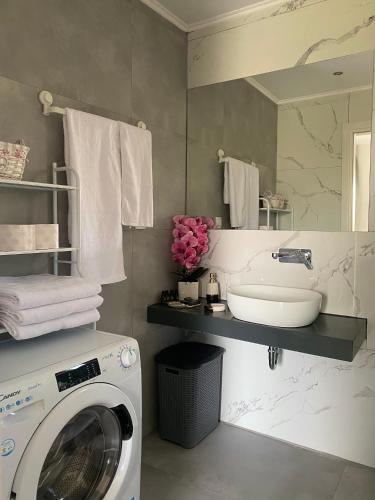 a bathroom with a washing machine and a sink at Adams Apartments in Skala Rachoniou
