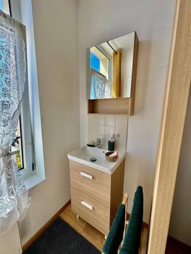 une salle de bain avec un lavabo et un miroir dans l'établissement La Capucine, à Berck-sur-Mer