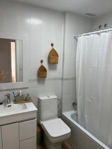 a bathroom with a toilet and a sink and a tub at Casa Gran Cinema in Sanlúcar de Barrameda