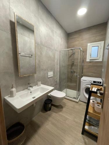 a bathroom with a sink and a toilet and a shower at stefanidis apartments in Kalymnos