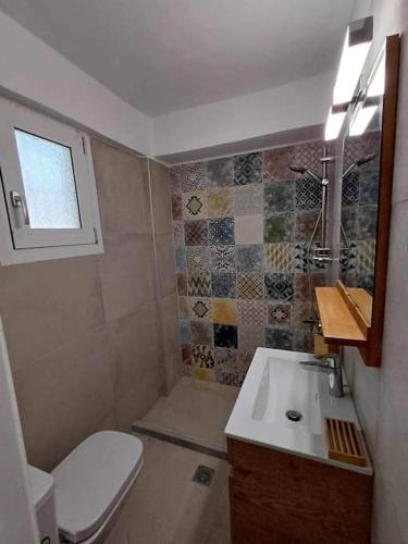 a small bathroom with a toilet and a sink at Kefalonia Alexis house in Pilaroú