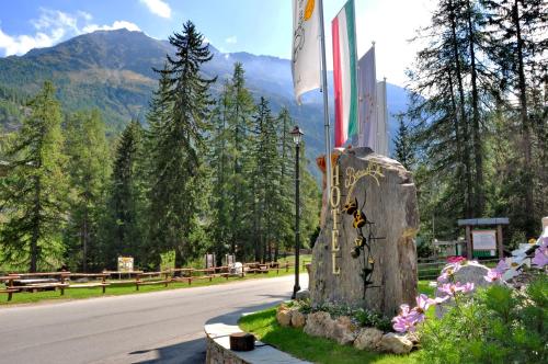 a sign on a rock next to a road at Hotel Boton D'Or & Wellness a La Thuile in La Thuile