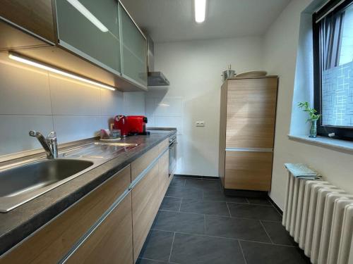 a kitchen with a sink and a counter top at Große Loft- Wohnung Glück im Grünen in Rösrath