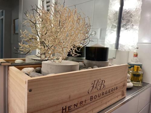 a wooden box on a counter with plants in it at Große Loft- Wohnung Glück im Grünen in Rösrath