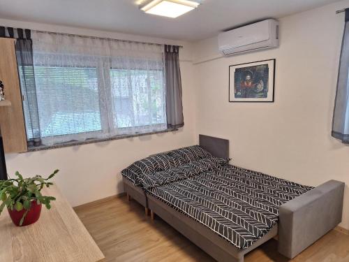 a bedroom with a bed in a room with windows at APARTMENT BELkA in Jesenice