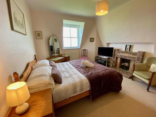 a bedroom with a large bed and a fireplace at Clifton Views in Folkestone