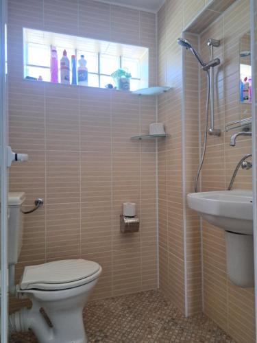 a bathroom with a toilet and a sink at Villa Anastasia in Sinemorets