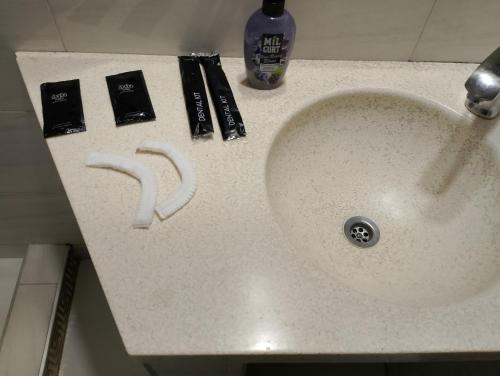 a bathroom sink with a faucet and a sink at Two Lions Hotel in Tbilisi City