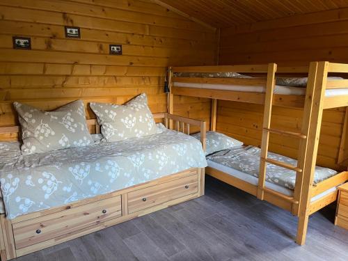 a bedroom with two bunk beds in a cabin at U starej mamy in Podhájska