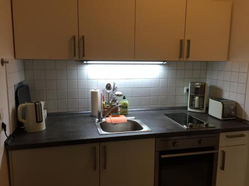 a kitchen with a sink and a counter top at City FEWO Leipzig in Leipzig