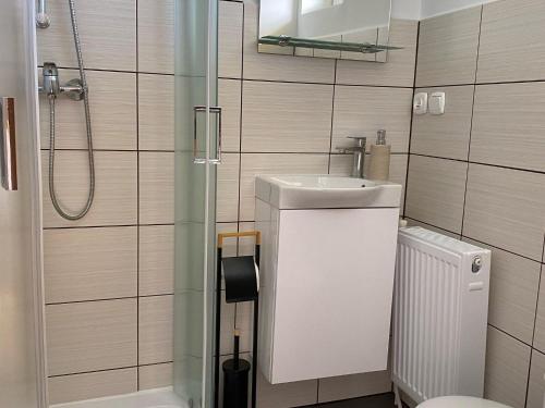 ein Badezimmer mit Dusche, Toilette und Waschbecken in der Unterkunft Holiday Home Sieroslaw near Baltic Sea in Sierosław