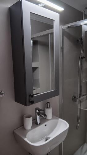 a bathroom with a sink and a mirror and a shower at Stilvi Milos in Plaka Milou