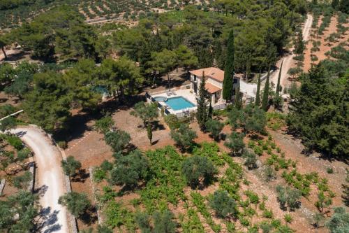 an aerial view of a house with a swimming pool at Aresti Mountain Resort in Agios Leon