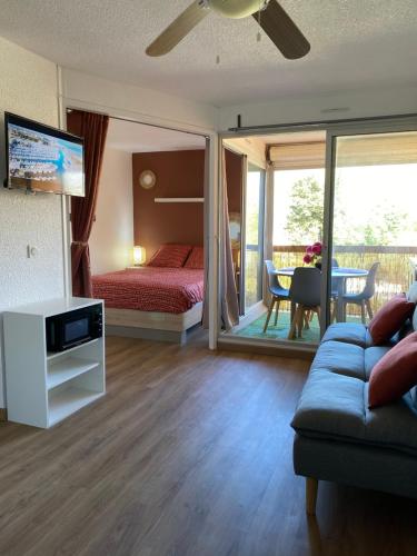 un salon avec un canapé, un lit et une télévision dans l'établissement Agréable appartement aux Capellans avec loggia, WIFI et parking, à Saint-Cyprien