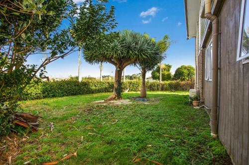 a yard with two palm trees next to a house at Sandy Feet Retreat close to Beach in Clarks Beach