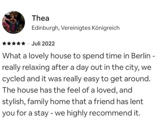 a screenshot of a text message about a woman at Townhouse with garden, terrace & balcony in Berlin