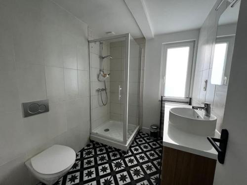 une salle de bain avec une douche, des toilettes et un lavabo dans l'établissement Beau T3 refais à neuf hyper centre de Lorient !, à Lorient