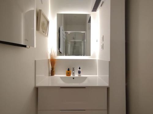 une salle de bain avec un lavabo blanc et un miroir dans l'établissement Cozy Marais Studio, à Paris